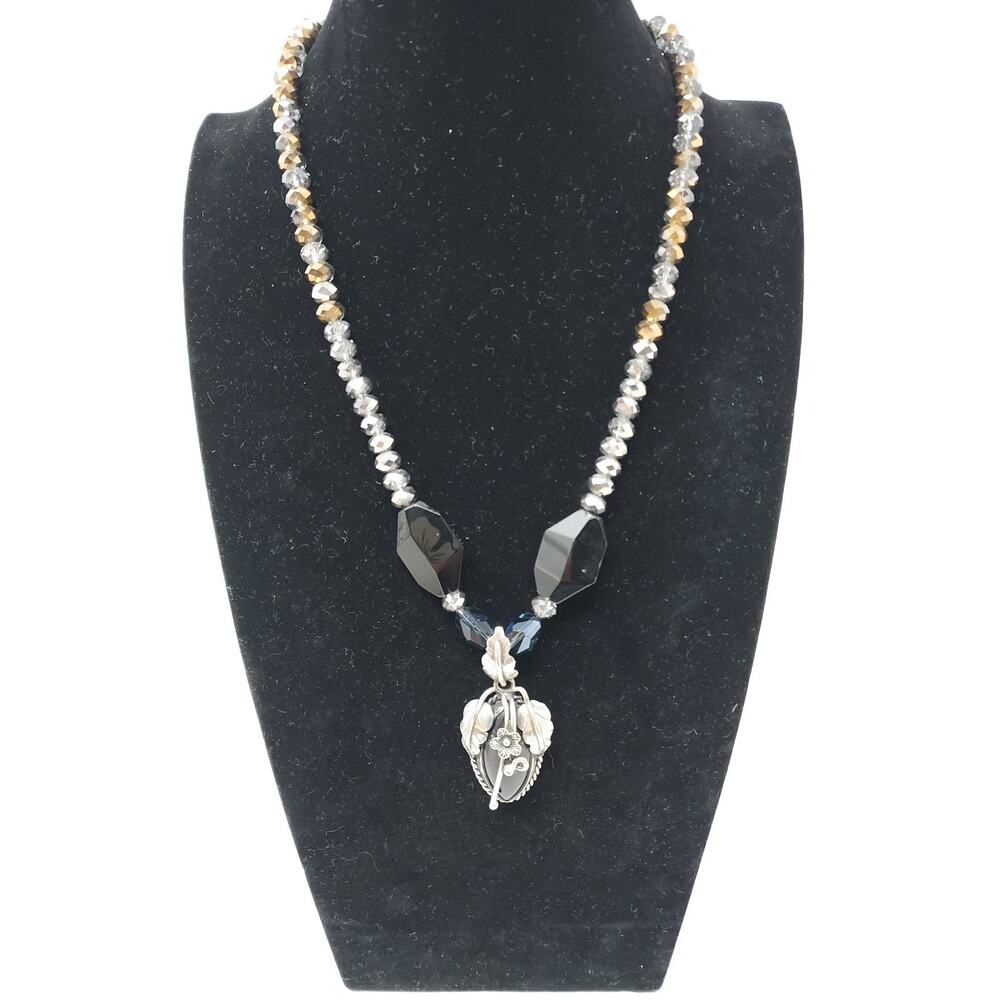 Victorian Revival Style Pendant Necklace Black Stone Crystal Silver Tone 13"